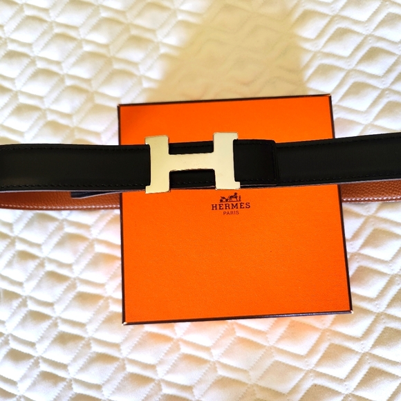 New, Hermes Sterling Silver Buckle & Reversible Leather Belt In Black Or Brown - Picture 1 of 12